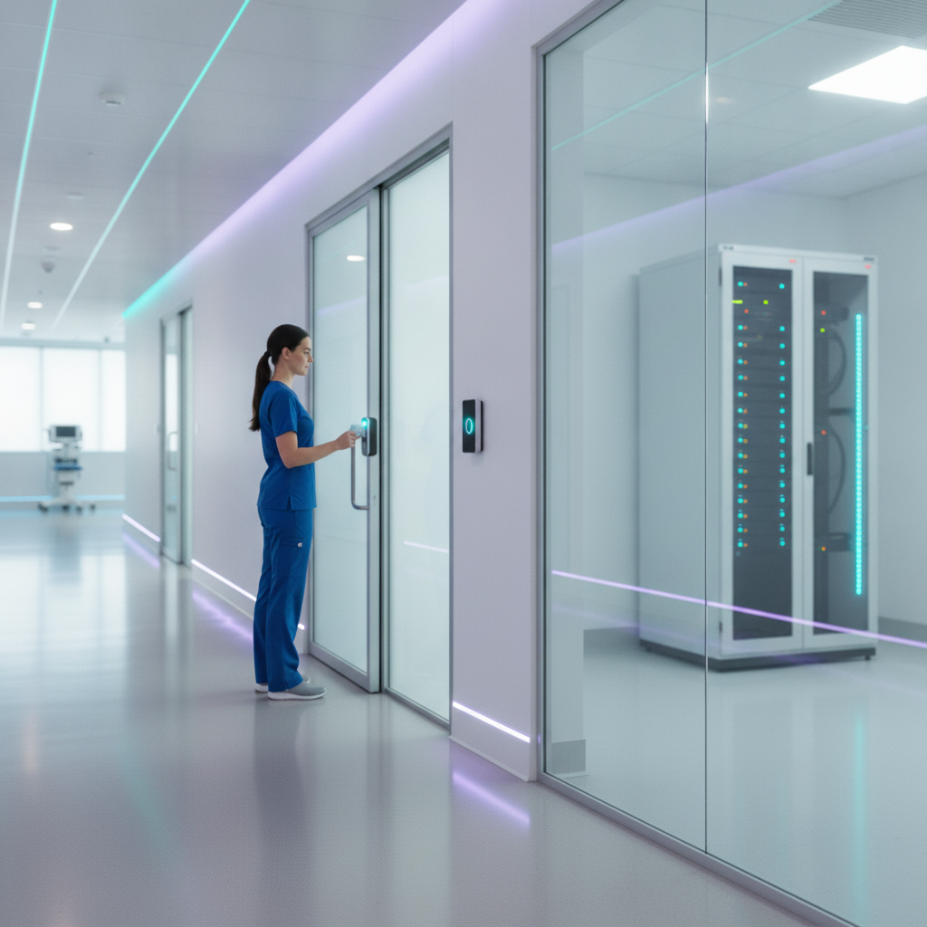 Couloir d'un établissement de santé moderne avec une porte à contrôle d'accès et une baie technique visible derrière une cloison vitrée